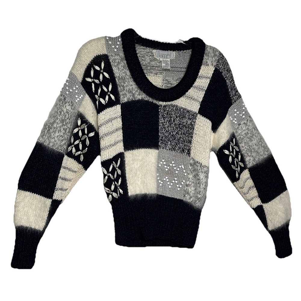 Vintage Nannell‎ 80s Womens Size M Angora Wool Blend Sweater Geometric Beaded